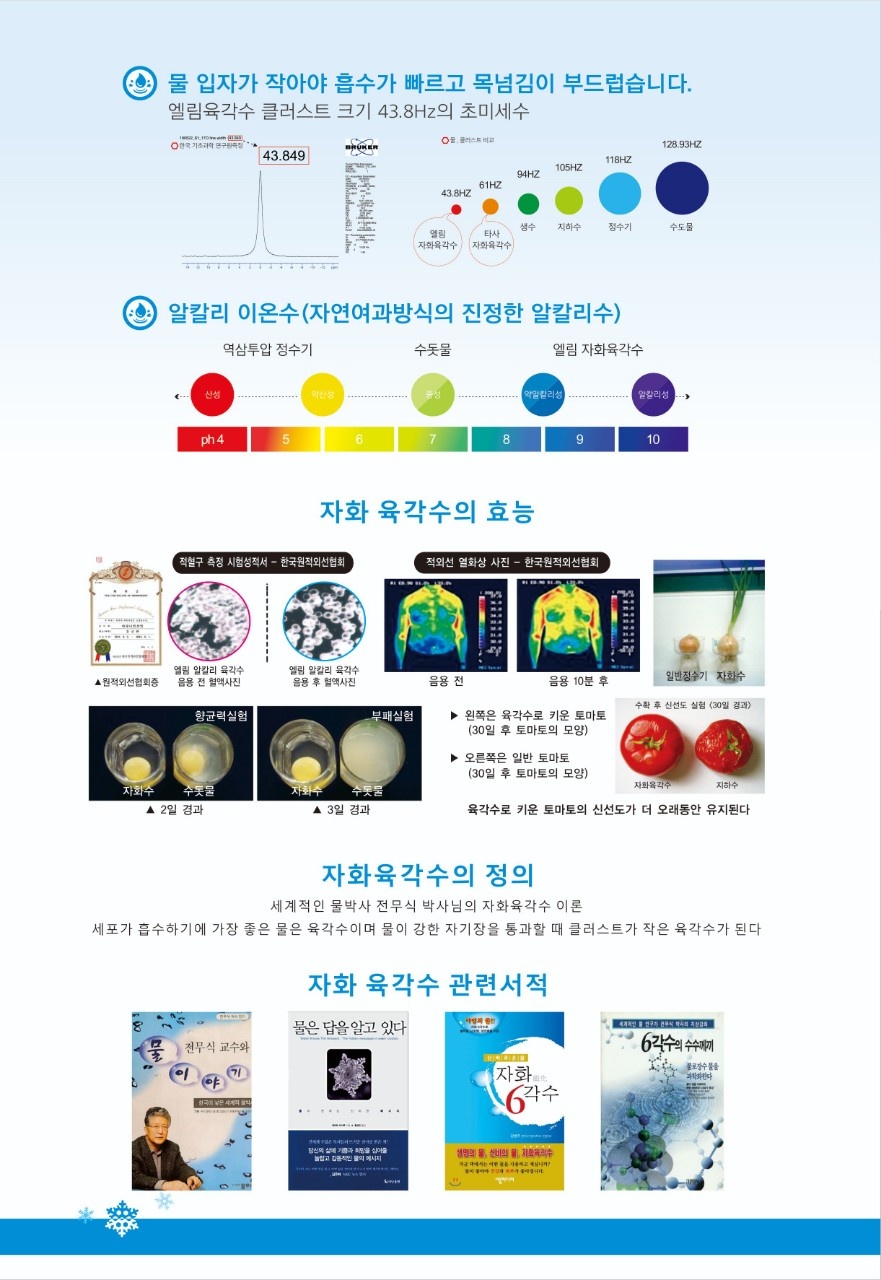 #엘림자화수 할인 행사# 안녕하세요엘림자화수는 깨끗하고 물입자가 미세한 최고의 웰빙기능수입니다수도 계량기에 설치하여 집안전체에 육각수를 무한정 사용할 수 있습니다.한번 설치로 유지비 없이 반영구적으로 사용할 수 있습니다. ☆엘림 자화수의 효과가정에서-#건강에 좋은 기능수#음식맛이 좋아 짐#설겆이가 쉬워짐#싱크대 물때가 감소#욕실에서 샤워 시 피부가 매끈해짐#머리결이 부드러워짐#무좀에 좋음#세탁시 섬유유연제를 안 써도 됨#반려견 건강에 좋고 목욕 시 누린내가 사라짐#화초가 잘 자람 식당에서-#음식맛이 많이 좋아져 손님이 늘어남#야채의 신선도가 오래 유지됨#설겆이가 쉬워짐#주방에 냄새가 사라짐 농.축.수산-#농작물의 성장 촉진#화훼농가,꽃집에서 꽃이 시들지 않고 오래 감#과일의 당도가 올라가고 유통기한이 늘어남#새싹 산삼 등 수경재배에 효과가 큼#땅에 산소 공급과 양액 주입에 좋음#가축의 성장 촉진 밎 질병 감소에 효과#축사 환경이 청결해짐#양식어의 성장 촉진 및 질병 감소에 효과#수질 오염 예방#양식어의 맛이 좋아짐 사우나.수영장-#물때 감소#비눗물이 잘 행궈져 물이 절약됨#연수기처럼 피부가 부드러워짐#손님이 늘어남 무료체험 실시엘림자화수 상담 0502-500-5556※네이버에 엘림육각수를 검색해보세요※네이버 블로그https://m.blog.naver.com/peteryun7   -상세내용은 본문을 참조하세요