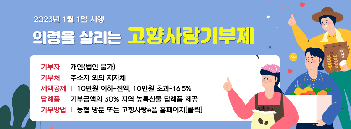 기부자 : 개인(법인 불가)
기부처  : 주소지 외의 지자체
세액공제 : 10만원 이하-전액, 10만원 초과-16.5%
답례품 : 기부금액의 30% 지역 농특산물 답례품 제공
기부방법 : 농협 방문 또는 고향사랑e음 홈페이지[클릭]