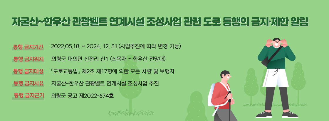 자굴산~한우산 관광벨트 연계시설 조성사업 관련
도로 통행의 금지·제한 알림
 · 통행 금지기간: 2022.05.18. ~ 2024. 12. 31.
                 (사업추진에 따라 변경 가능)
 · 통행 금지위치: 의령군 대의면 신전리 산1
                 (쇠목재 ~ 한우산 전망대)
 · 통행 금지대상: 「도로교통법」 제2조 제17항에 의한 모든 차량
                 및 보행자
 · 통행 금지사유: 자굴산~한우산 관광벨트 연계시설 조성사업 추진
 · 통행 금지근거: 의령군 공고 제2022-674호