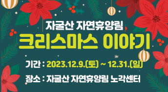 자굴산 자연휴양림 
크리스마스 이야기

기간 : 2023.12.9.(토) ~ 12.31.(일)
장소 : 자굴산 자연휴양림 노각센터