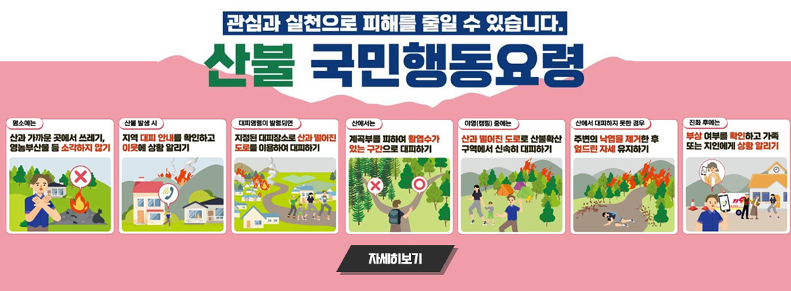 관심과 실천으로 피해를 줄일 수 있습니다.
산불 국민행동요령

평소에는 : 산과 가까운 곳에서 쓰레기, 영농부산물 등 소각하지 않기

산불 발생 시 : 지역 대피 안내를 확인하고 이웃에 상황 알리기

대피명령이 발령되면 : 지정된 대피장소로 산과 떨어진 도로를 이용하여 대피하기

산에서는 : 계곡부를 피하여 활엽수가 있는 구간으로 대피하기

야영(캠핑) 중에는 : 산과 떨어진 도로로 산불확산 구역에서 신속히 대피하기

산에서 대피하지 못한 경우 : 주변의 낙엽을 제거한 후 엎드린 자세 유지하기

진화 후에는 : 부상 여부를 확인하고 가족 또는 지인에게 상황 알리기

자세히보기