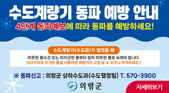 수도계량기 동파 예방 안내 
4단계 동파예보에 따라 동파를 예방하세요
수도계량기(수도관)가 얼었을 때
따뜻한 물수건 또는 미지근한 물부터 점차 따뜻한 물로 녹여야 합니다.
(50도씨 이상 뜨거운 물을 사용하면 계량기가 고장 날 수 있으니 주의하세요.)

※동파신고 : 의령군 상하수도과(수도행정팀) T.570-3900
의령군

자세히보기