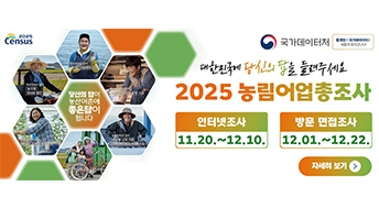 대한민국에 당신의 답을 들려주세요
2025 농림어업총조사

인터넷조사
11.20.~12.10.

방문면접조사
12.01.~12.22.

자세히보기