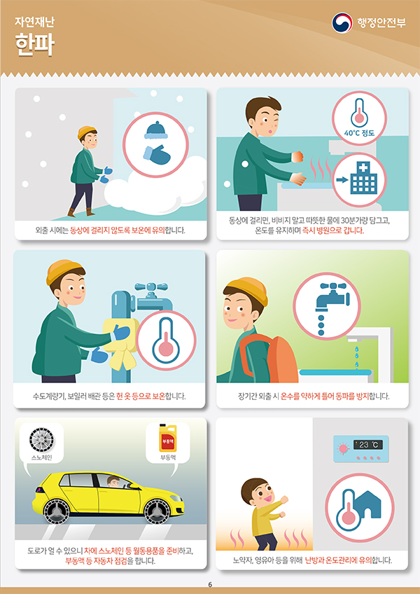 자연재난 한파
행정안전부

외출 시에는 동상에 걸리지 않도록 보온에 유의합니다.
동상에 걸리면, 비비지 말고 따뜻한 물에 30분가량 담그고, 온도를 유 지하며 즉시 병원으로 갑니다.
수도계량기, 보일러 배관 등은 헌 옷 등으로 보온합니다.
장기간 외출 시 온수를 약하게 틀어 동파를 방지합니다.
도로가 얼 수 있으니 차에 스노체인 등 월동용품을 준비하고, 부동액 등 자동차 점검을 합니다.
노약자, 영유아 등을 위해 난방과 온도관리에 유의합니다.