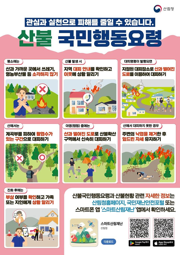 관심과 실천으로 피해를 줄일 수 있습니다. 산불 국민행동요령